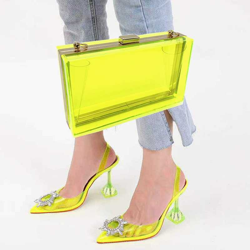 HOT New Clear Acrylic Bag for Women and Transparent Pointy Heels Fashion Diamond Shoes Pies and Birthday Gifts