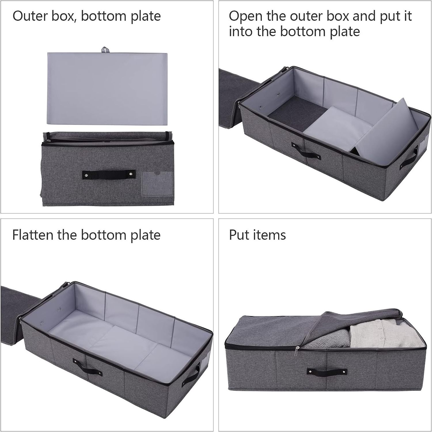 Foldable Underbed Organizer with Plastic Support Lining, Handle and Zipper Lid for Blankets, Clothes, Bedroom and Closet