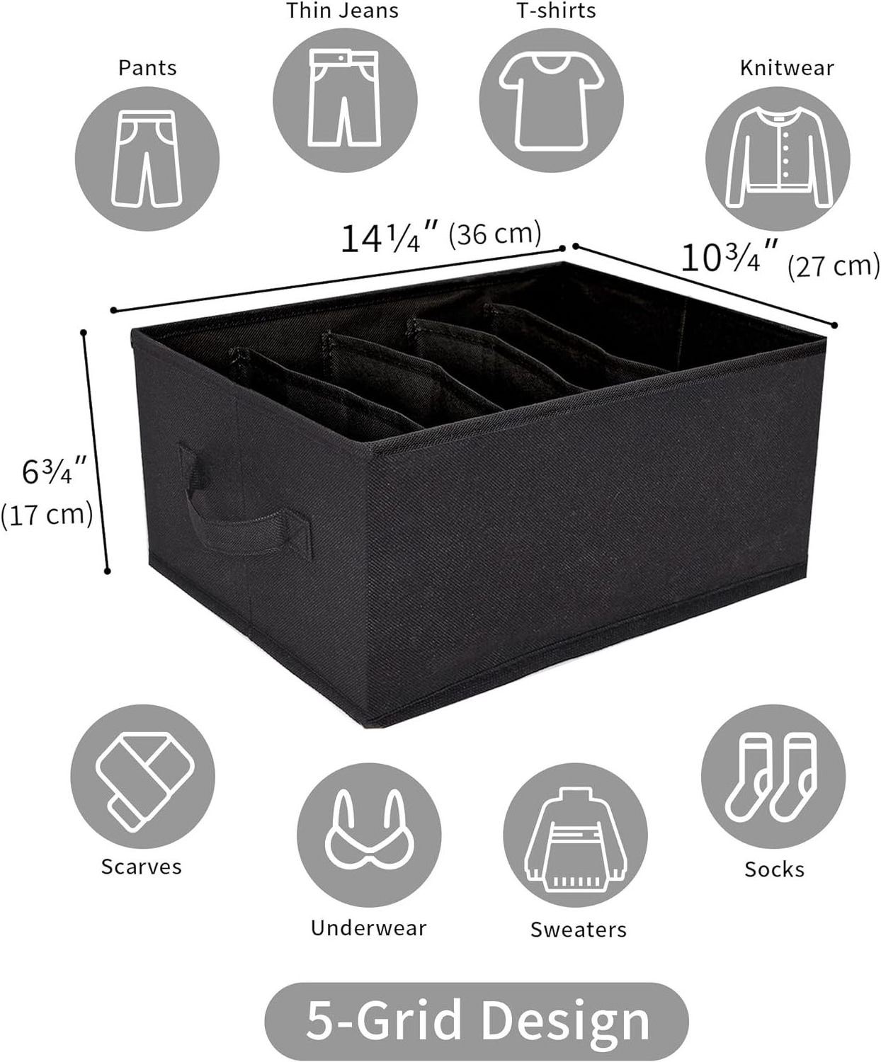 Customizable Various Organizers Black 2 Pack Non-Woven Closet Clothes Organizer 5 Compartment Clothes Organizer