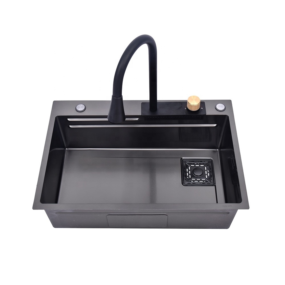 Nano Gunmetal Sink Kitchen SS 304 Stainless Steel Multifunctional Rainfall Faucet Kitchen Sink With Waterfall