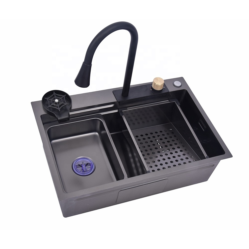 Nano Gunmetal Sink Kitchen SS 304 Stainless Steel Multifunctional Rainfall Faucet Kitchen Sink With Waterfall