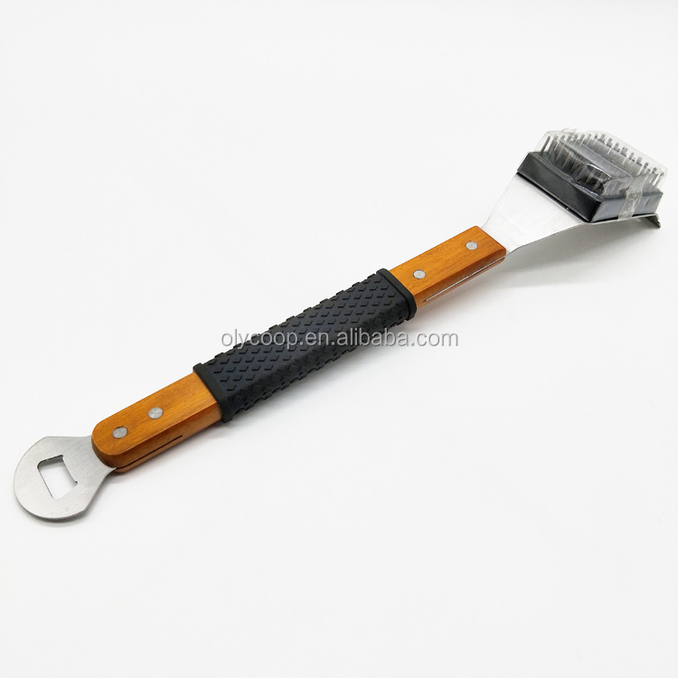 Wooden Handle Stainless Steel Bristles Barbecue Grill Brush and Scraper