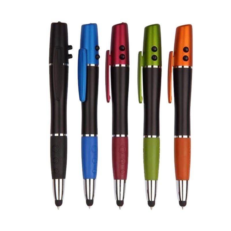 Custom logo promotional plastic multi function led light laser pointer ball pen with stylus