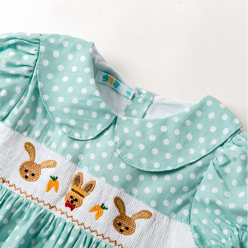 Wholesale High Quality Cute Toddler Girls Dot Print Dress Children Girls Puff Sleeve Smocked Dress for Easter Day