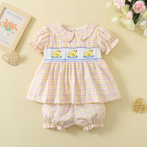 2023 Wholesale Baby Girls Embroidered Boutique clothing Sets toddler Smocking Girls Summer shirt+Bloomer 2 pieces set