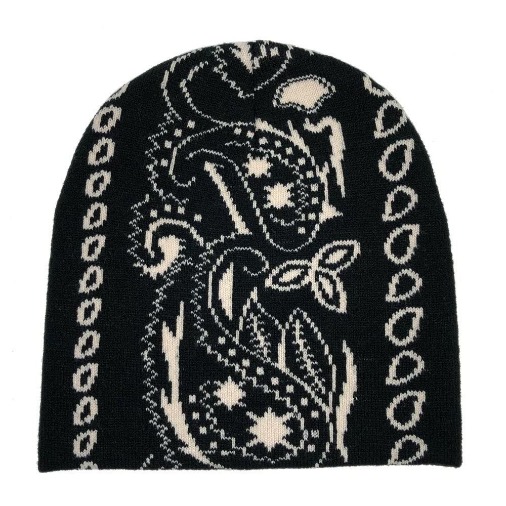 High quality fashion 100% acrylic warm winter unfold custom all over jacquard logo knitted beanie hat