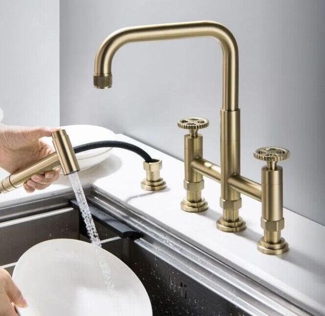 European Heritage Brushed Gold Stainless Steel 304 Kitchen Sink Faucets 4 Hole double Handle Bridge Kitchen Faucet with Sprayer