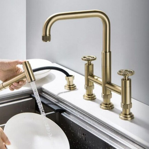 European Heritage Brushed Gold Stainless Steel 304 Kitchen Sink Faucets 4 Hole double Handle Bridge Kitchen Faucet with Sprayer