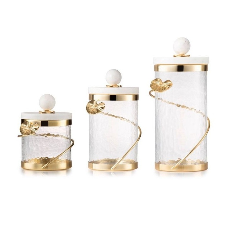 Set of 3 Antique Design Kitchen canister metal Glass and Gold/Clear Glass Kitchen Canister with Gold Finished