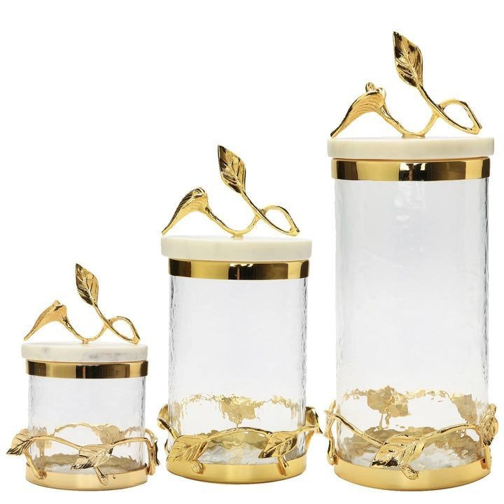 Set of 3 Antique Design Kitchen canister metal Glass and Gold/Clear Glass Kitchen Canister with Gold Finished