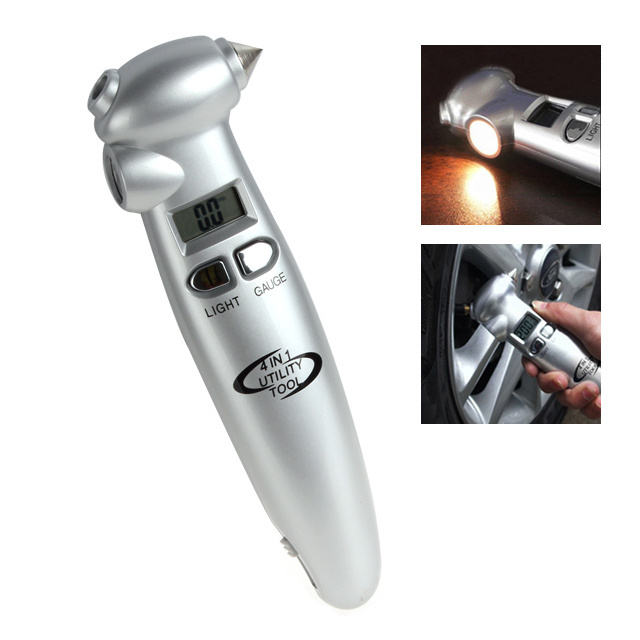 Digital Tire Pressure Gauge 4 in 1 Multifunctional Auto Safety Hammer with Flashlight