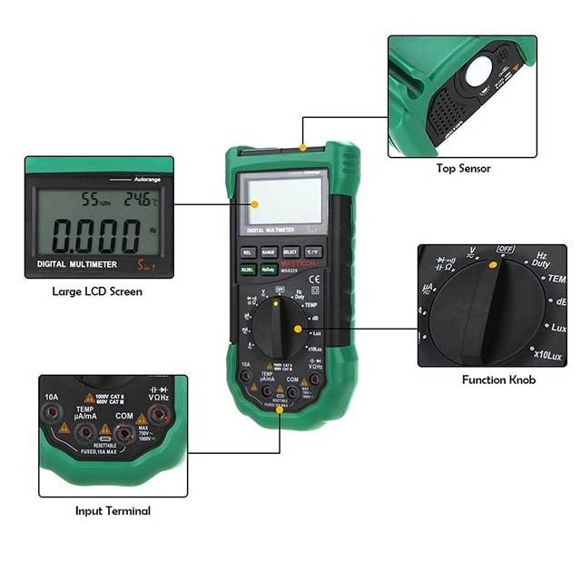 MASTECH MS8229 5 in 1 Auto Range Digital Multimeter & Temperature Humidity Light Lux Sound Level Meter Tester  with Back Light