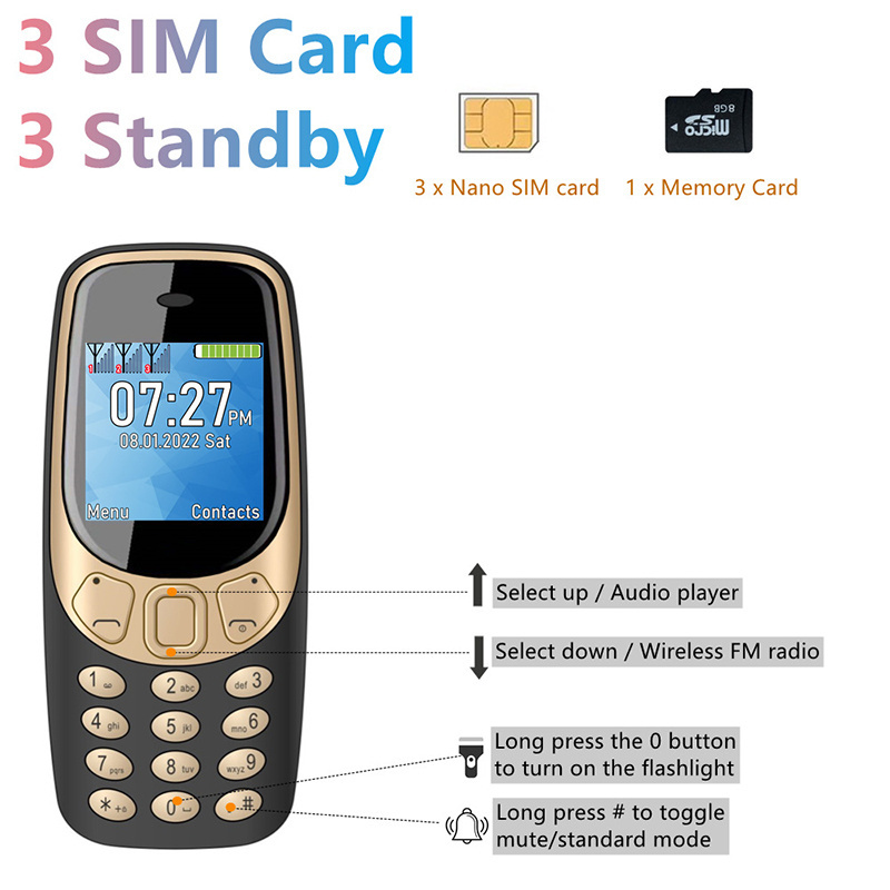 2023 New Arrival Q3308 Pro 1.33inch Triple SIM Card 3 Sim Card Slot Super Small Size Mobile Phone