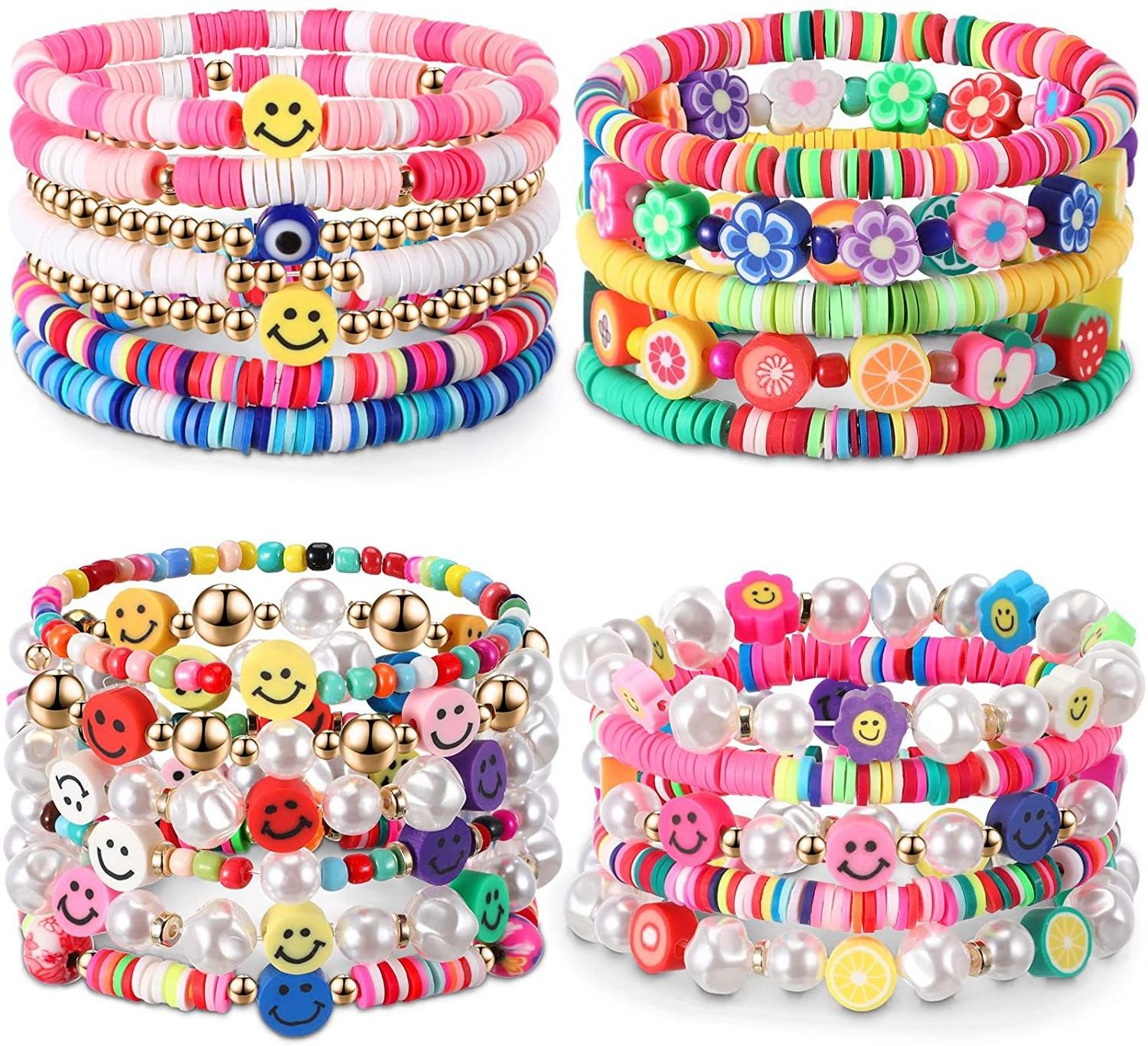 imitation pearl colored clay fruit smiling face beaded bracelet with soft ceramic elastic bracelet making kit