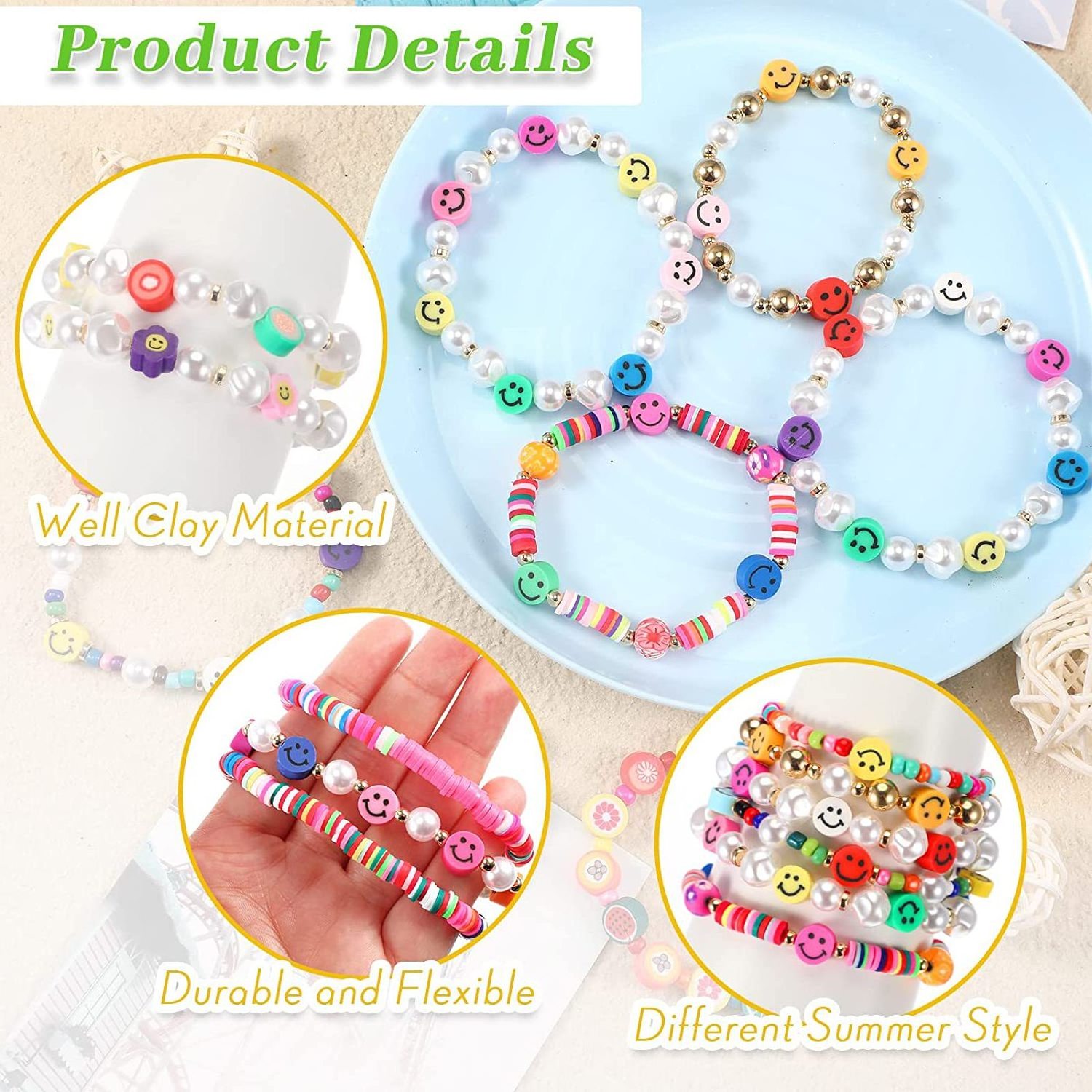 imitation pearl colored clay fruit smiling face beaded bracelet with soft ceramic elastic bracelet making kit