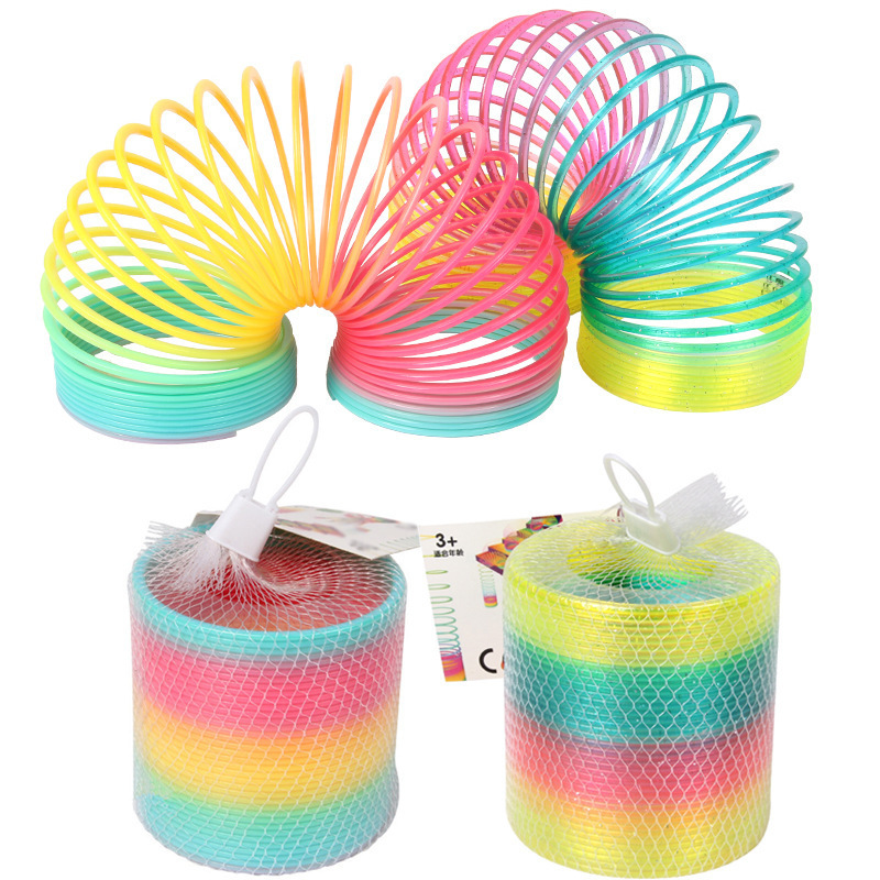 Wholesales 1 piece of rainbow circle fun early education folding plastic spring coil toy 8.7*9cm