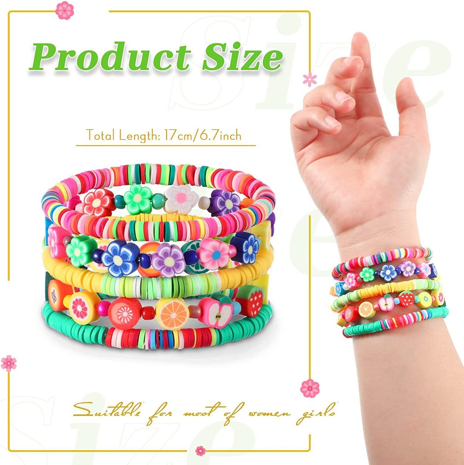 imitation pearl colored clay fruit smiling face beaded bracelet with soft ceramic elastic bracelet making kit