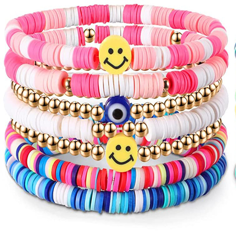 imitation pearl colored clay fruit smiling face beaded bracelet with soft ceramic elastic bracelet making kit