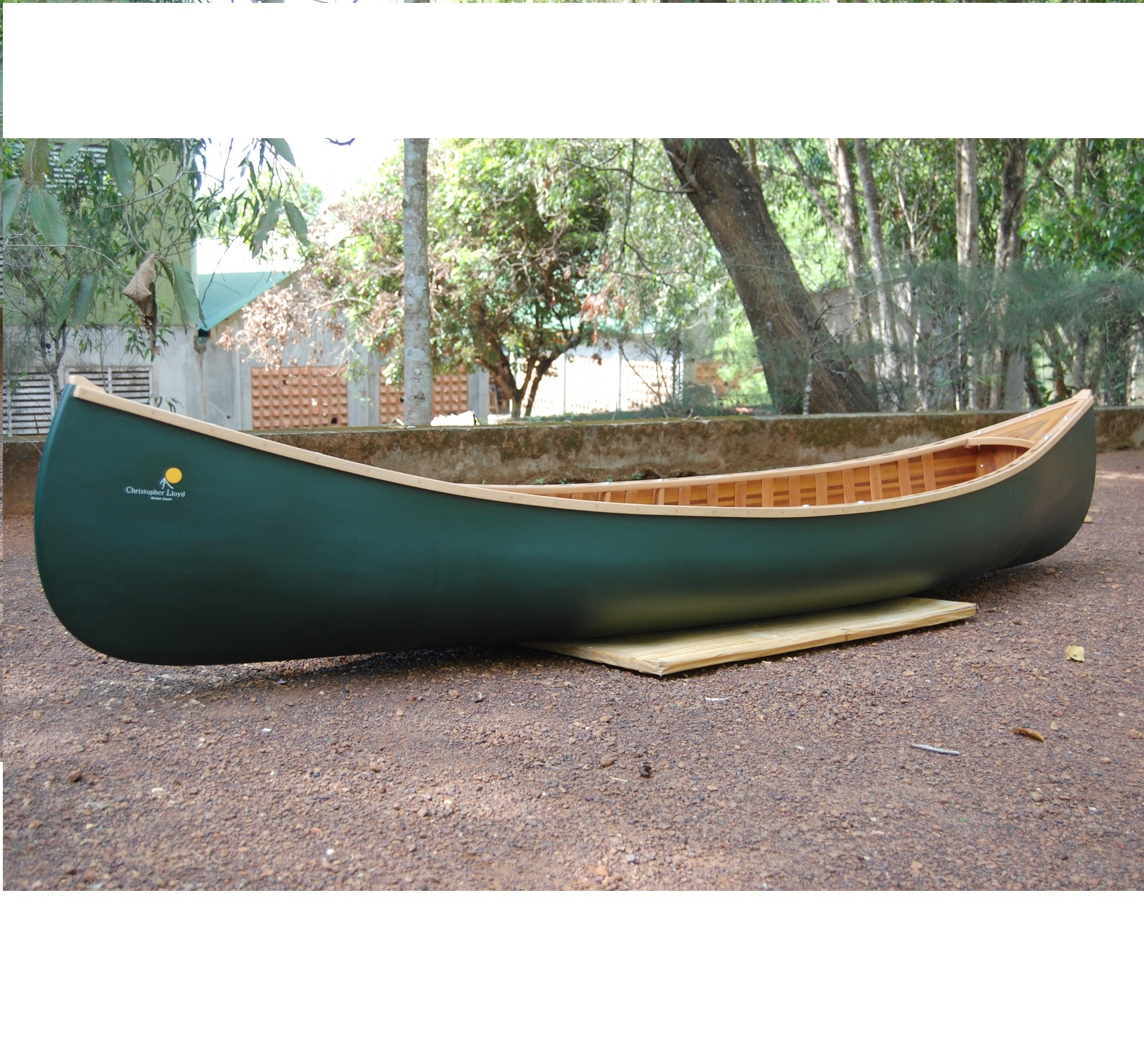 Green Cedar strip canoe with Ribs Curved Bow 10'  with canoe paddle for lake handcrafted wooden boat kayak canoe for sale