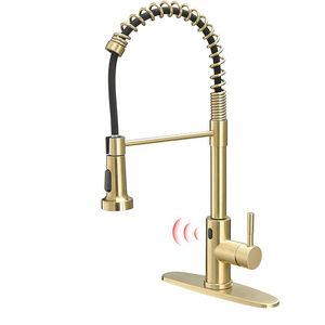 Motion Sensor Smart Hands-Free Single Handle Brass Spring Gold Touchless Kitchen Faucet with Pull Down Sprayer