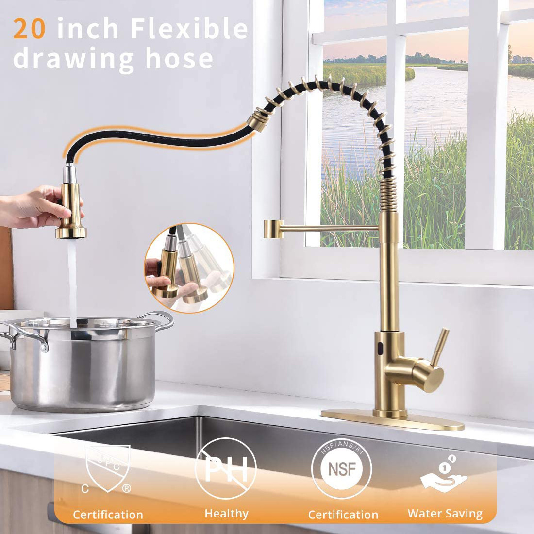 Motion Sensor Smart Hands-Free Single Handle Brass Spring Gold Touchless Kitchen Faucet with Pull Down Sprayer