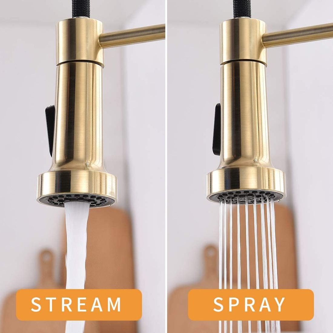 Motion Sensor Smart Hands-Free Single Handle Brass Spring Gold Touchless Kitchen Faucet with Pull Down Sprayer