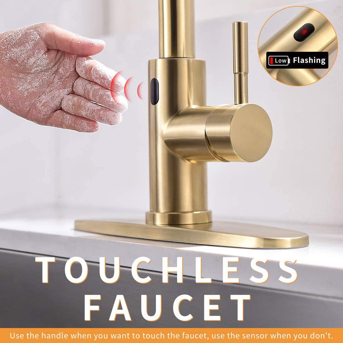 Motion Sensor Smart Hands-Free Single Handle Brass Spring Gold Touchless Kitchen Faucet with Pull Down Sprayer