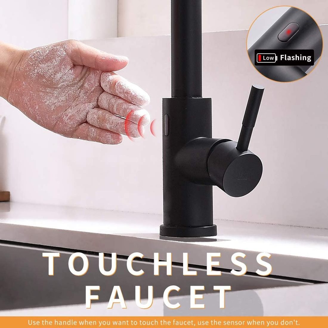 Hands-Free Single Handle Motion Sensor Smart Black Touchless Spring Kitchen Sink Faucet with Pull Down Sprayer