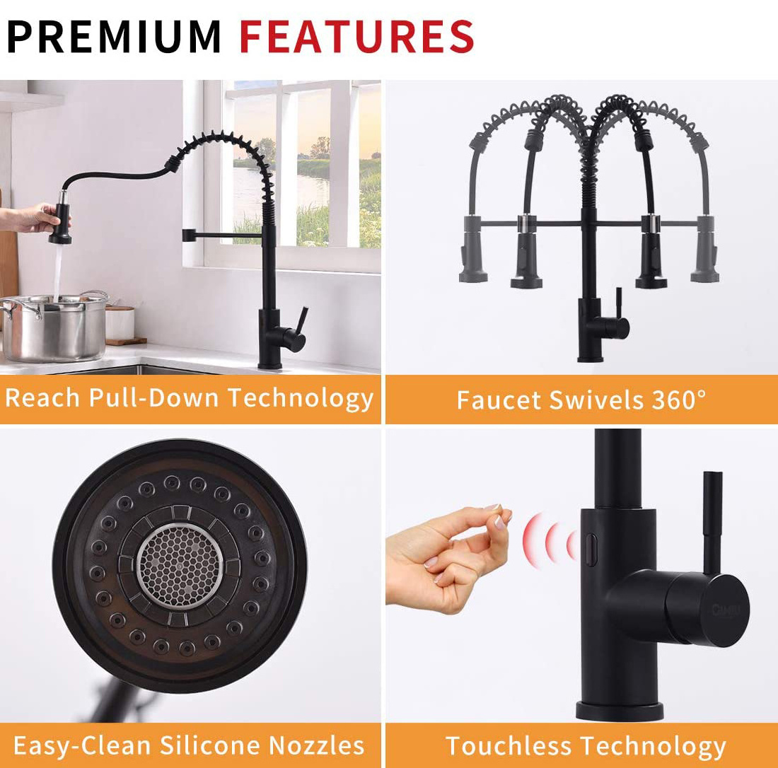 Hands-Free Single Handle Motion Sensor Smart Black Touchless Spring Kitchen Sink Faucet with Pull Down Sprayer