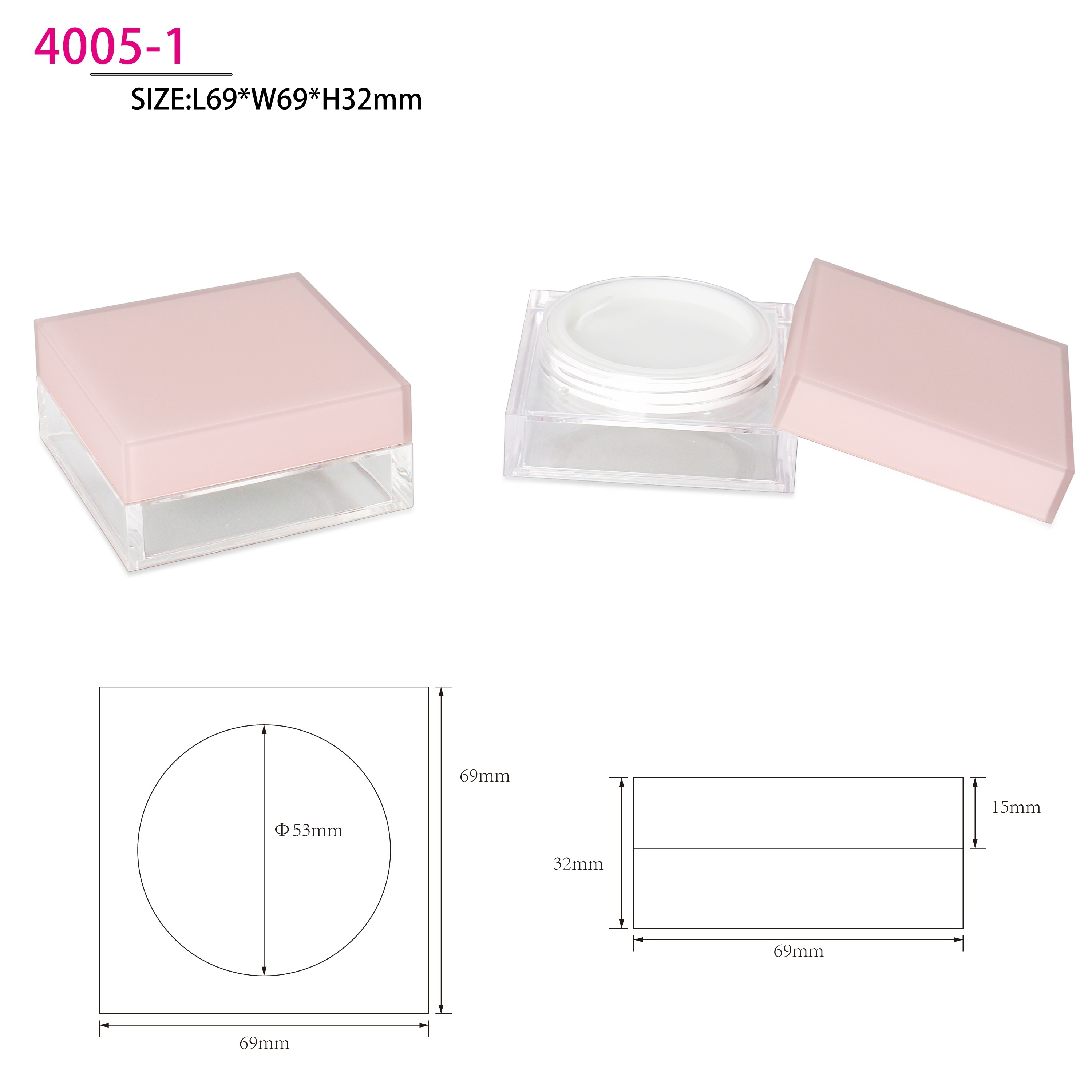 Pink square facial powder packaging box with sifter custom plastic loose powder case empty loose powder container