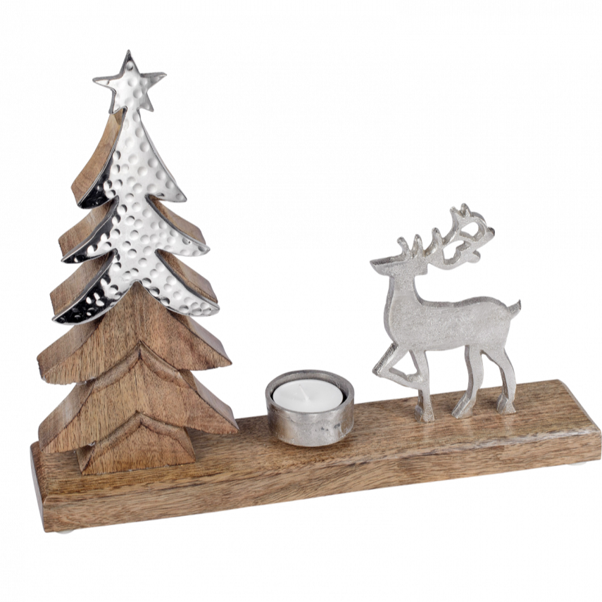 Christmas Tealight Candle Holder With X-Mas Tree And Silver Reindeer For Fall Season Decoration