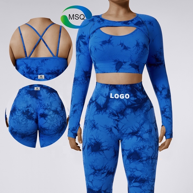 Custom Activewear Gym Fitness Sets Marble Tie Dye seamless long sleeve Top Sports Bra Scrunch Butt Shorts Workout Set for Women