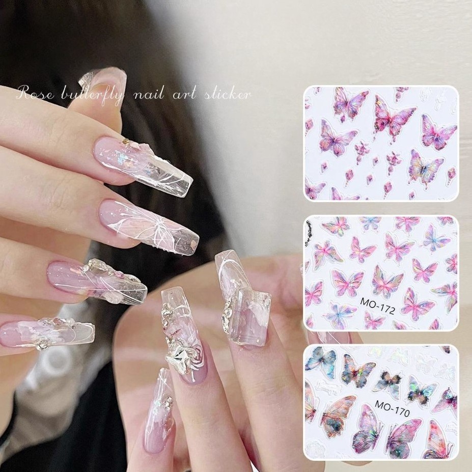 Rose Butterfly Nail Sticker with Back Glue 3D Relief Nail Sticker