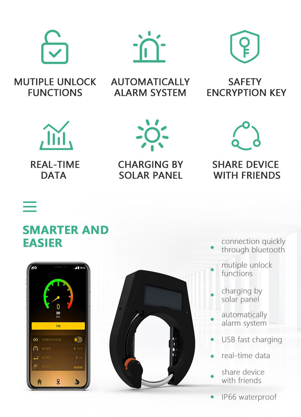 New Design High Security USB Charging Personal Solar Panel Bike Intelligent Smart Ble Bluetooths Bicycle Horseshoe Lock