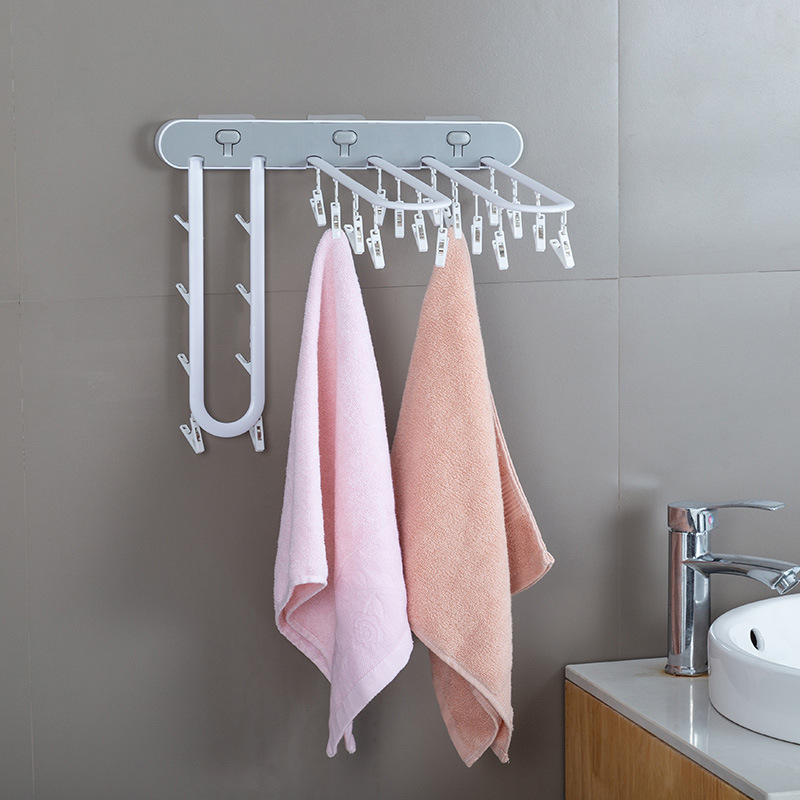 Wall Mounted Folding Socks Drying Rack Pressing Towel Hanging Clips Shelf Clothes Laundry Airer Multi-functional Organizer