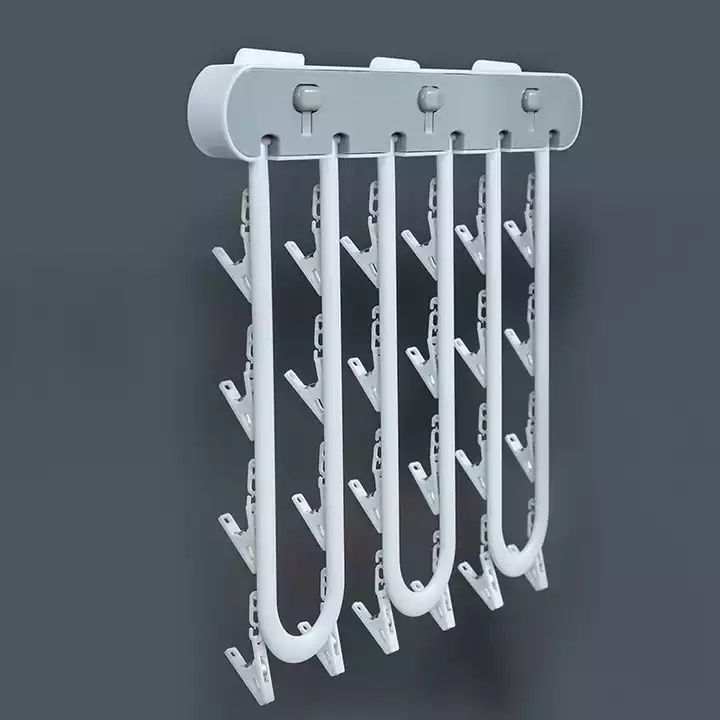 Wall Mounted Folding Socks Drying Rack Pressing Towel Hanging Clips Shelf Clothes Laundry Airer Multi-functional Organizer