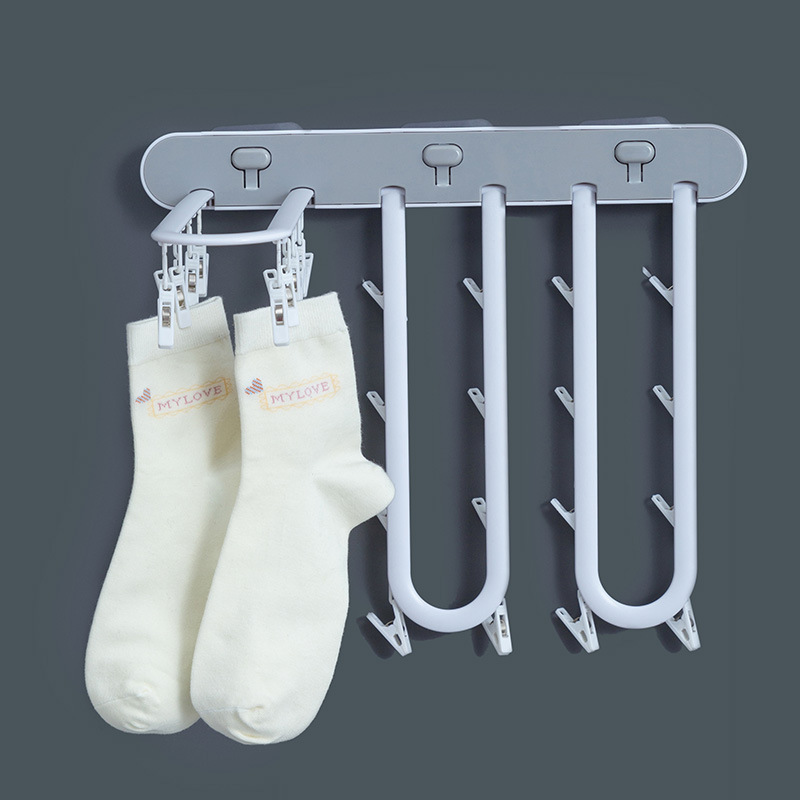 Wall Mounted Folding Socks Drying Rack Pressing Towel Hanging Clips Shelf Clothes Laundry Airer Multi-functional Organizer