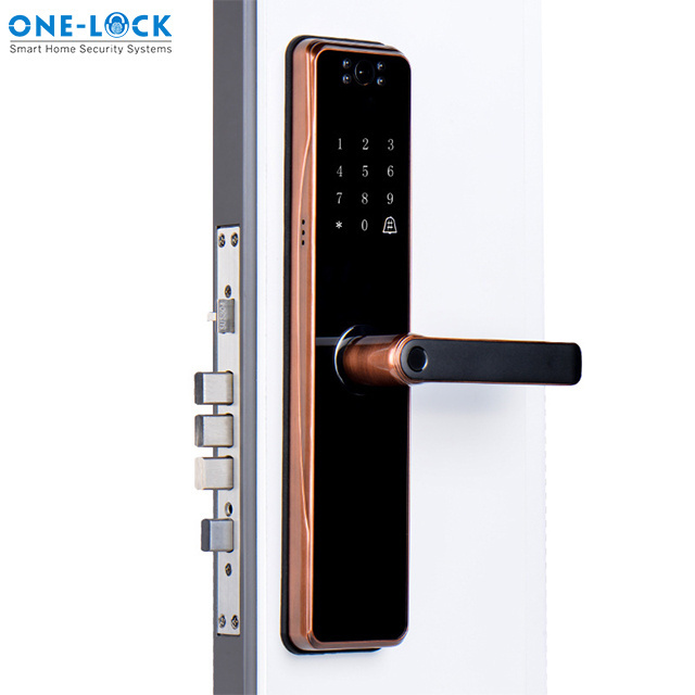 Front door lock with door outside viewing camera and  doorbell