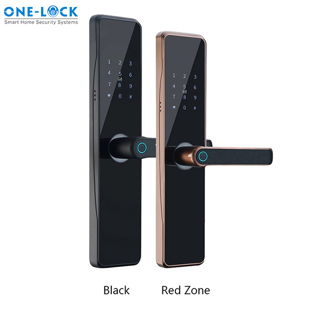 Front door lock with door outside viewing camera and  doorbell