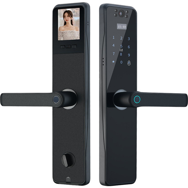 Front door lock with door outside viewing camera and  doorbell