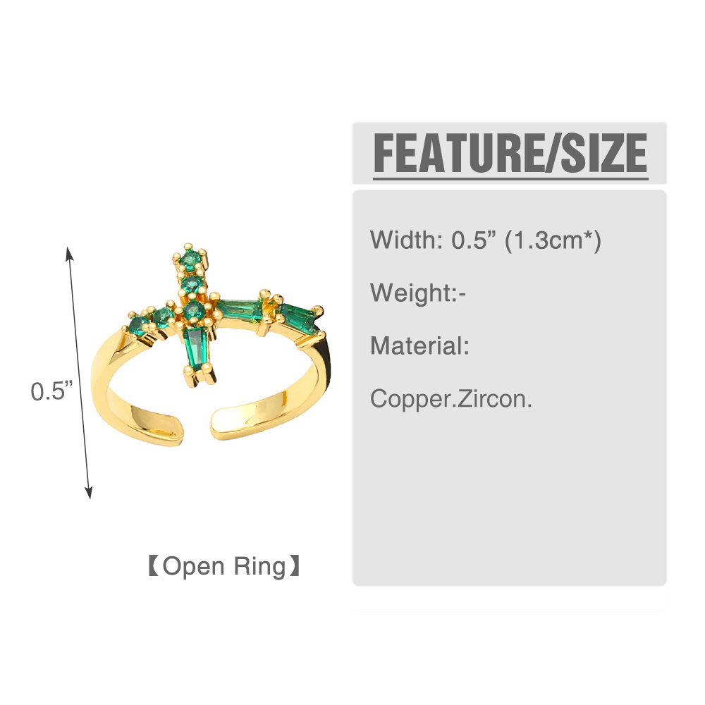 Vintage Emerald Green Crystal Zircon Geometric Heart Cross Ring Leaf Crown Open Adjustable Finger Ring for Family Gift Jewelry