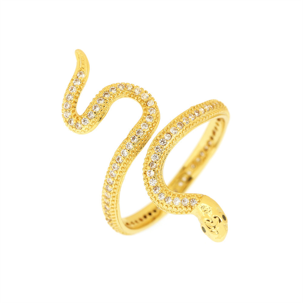 Personalized Fashion Zircon Twisted Snake Ring for Women Exaggerated Gold Plated Copper Animal Open Ring Cocktail Party Jewelry