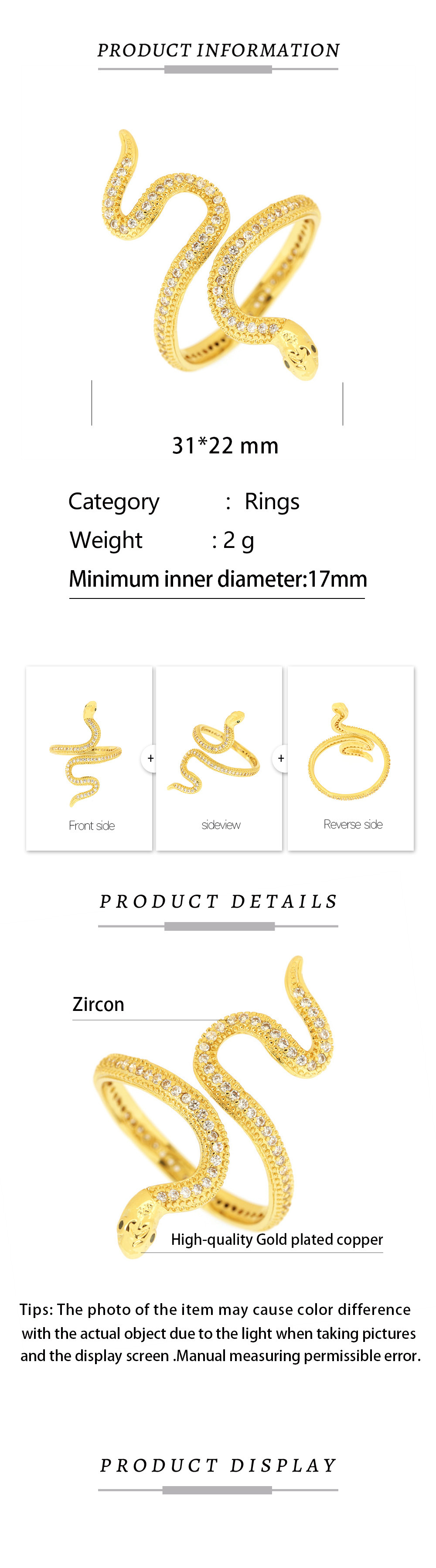 Personalized Fashion Zircon Twisted Snake Ring for Women Exaggerated Gold Plated Copper Animal Open Ring Cocktail Party Jewelry