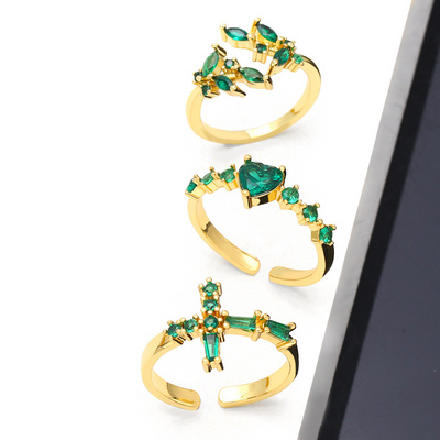 Vintage Emerald Green Crystal Zircon Geometric Heart Cross Ring Leaf Crown Open Adjustable Finger Ring for Family Gift Jewelry