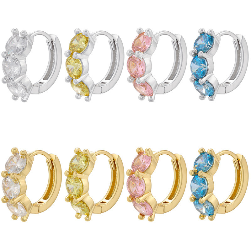 Trendy 18K Gold Plated Round Blue Yellow Pink Zircon Crystal Huggie Earrings for Ladies Delicate Diamond Small Hoop Earrings