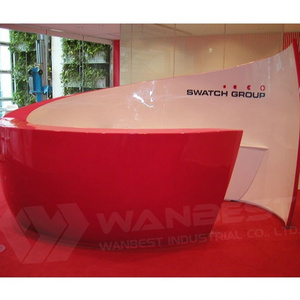 Circular round reception desk top design reception desk with display and back shelves red color