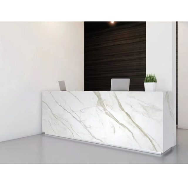 Blue Luxury Office Long l Shaped Marble Front LED Hospital Table Restaurant Counter Tufted Reception Desk