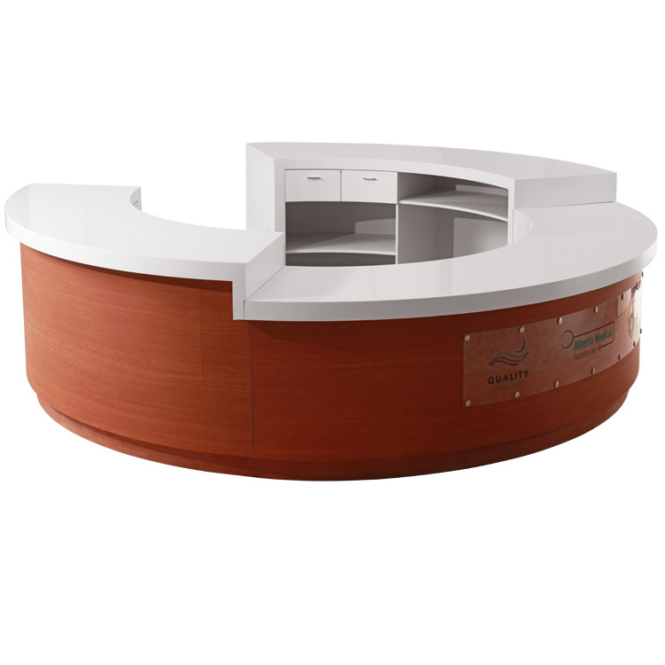 White Corian Top Circular Reception Desk Popular Design Front Counter with Back Display