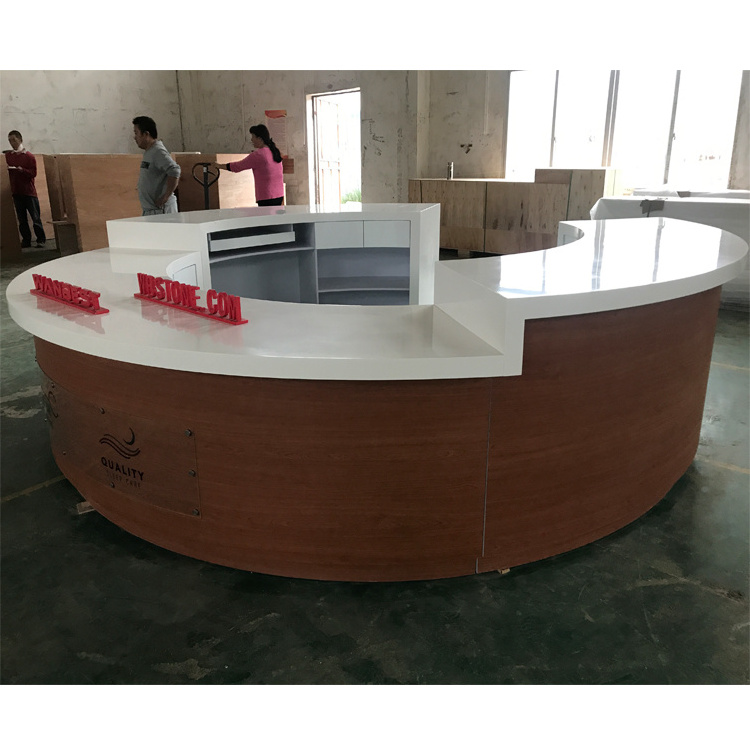 White Corian Top Circular Reception Desk Popular Design Front Counter with Back Display