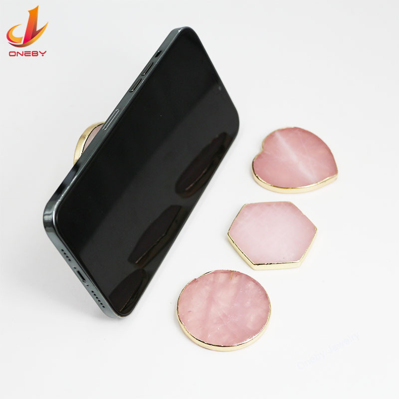 Wholesale gemstone holders suitable adjustable universal hexagon Golden rim lazy gemstone phone grip holder for 4-7 inch